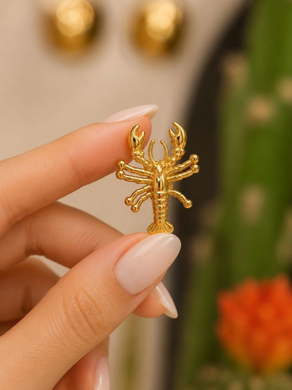 Shiny Gold tone Lobster Stud Earrings - Picture 3 of 5